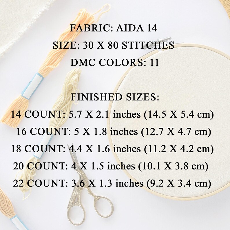 14 count: 5.7 x 2.1 inches (14.5 x 5.4 cm)