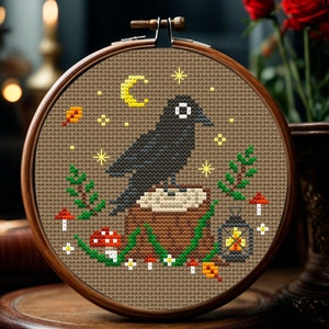 Witchy crow cross stitch pattern Magic forest cross stitch Bird embroidery Creepy cute horror Gothic cross stitch