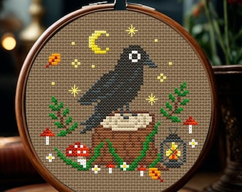 Raven Cross Stitch Pattern PDF, Witchy Crow with Mushroom and Moon, Dark Gothic Embroidery