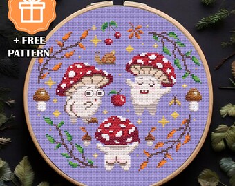 Mushroom Cross Stitch Pattern PDF, Kawaii Amanita Trio in Autumn Wreath, Goblincore Forest Embroidery