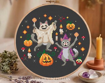 Halloween Cat Cross Stitch Pattern, Ghost and Witch Costume Party with Jack O Lanterns, Spooky Cute PDF