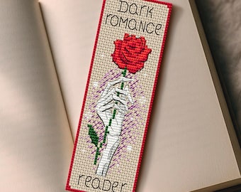 Dark Romance Trope Cross Stitch Bookmark Pattern – Skeleton Hand with Red Rose (PDF)