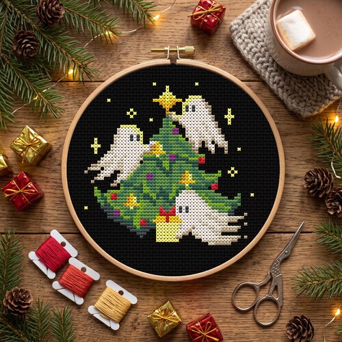 Christmas Ghost Cross Stitch Pattern for Goth Decor Lovers, Ghost Trio Trimming the Tree (PDF)