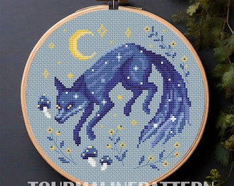Magischer Fuchs Kreuzstich Anleitung PDF, Witche Forest Creature Embroidery, Mondlicht und Pilze, Naturstickerei für Fuchsliebhaber