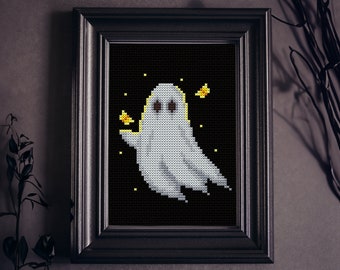 Ghost Cross Stitch Pattern PDF, Small Spooky Embroidery with Butterfly, Gothic Decor