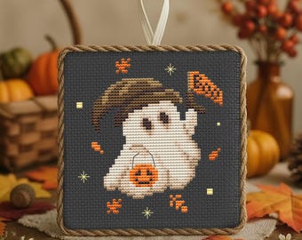 Vintage Halloween Cross Stitch: Spooky Ghost With Pumpkin (PDF)