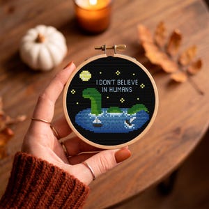 Loch Ness Monster Cross Stitch Pattern for Introverts, I Don't Believe in Humans Snarky Quote, Cryptid Wall Decor PDF