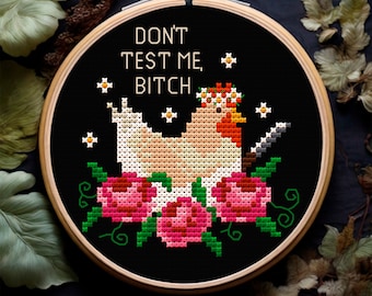 Rude chicken in flowers Snarky cross stitch pattern PDF Floral chicken embroidery design Cottagecore Farmhouse decor