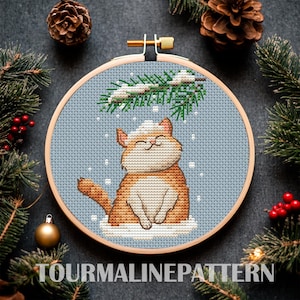 Christmas Cat Cross Stitch Pattern PDF, Funny Cat Embroidery, Snowy Winter Stitch, Cottagecore Needlepoint Gift for Christmas, Cat Lovers