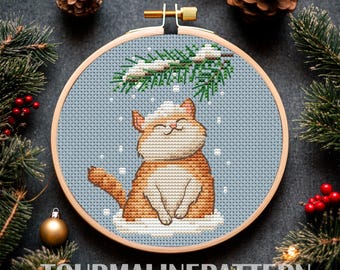 Christmas Cat Cross Stitch Pattern PDF, Funny Cat Embroidery, Snowy Winter Stitch, Cottagecore Needlepoint Gift for Christmas, Cat Lovers