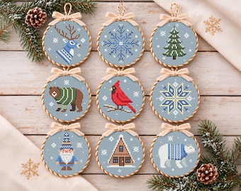 Scandinavian Christmas Cross Stitch Ornament Bundle, 9 Nordic Designs with Gnome, Cardinal and Polar Bear
