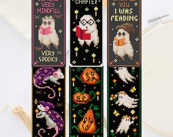 Bookmark Cross Stitch Pattern PDF, Set of 6 Spooky Ghost Bookmarks with Snarky Quotes, Gothic Book Lover Embroidery