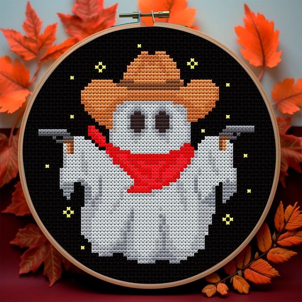 Cute cowboy ghost cross stitch pattern PDF Spooky ghost embroidery Dark fall cross stitch Gothic horror stitch