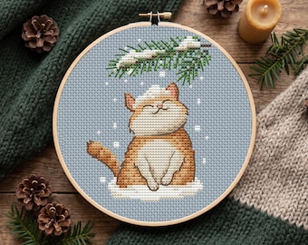 Cat Cross Stitch Pattern for Cat Lovers, Chubby Orange Kitty under Snow Covered Pine Branch (PDF)