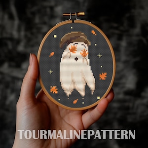 Halloween Ghost Cross Stitch Pattern PDF, Autumn Ghost in Brown Hat with Fall Leaves