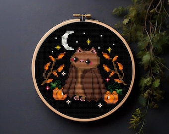 Bat Cross Stitch Pattern for Halloween Lovers and Witchy Stitchers, Pumpkins, Moon and Autumn Leaves, PDF Chart