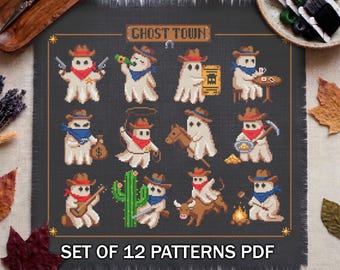 12 Cowboy Ghost Cross Stitch PDF Set, Western Spooky Bundle, Dark Halloween Embroidery