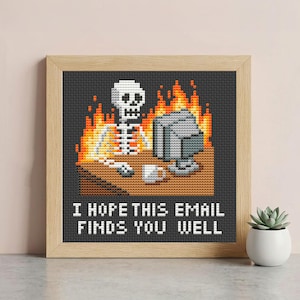 May include: A framed cross-stitch embroidery featuring a pixelated skeleton sitting at a desk with a computer monitor and a mug, surrounded by orange and yellow flames. The text below reads, I HOPE THIS EMAIL FINDS YOU WELL, in white block letters.