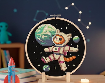 Funny Astronaut Cat Cross Stitch Pattern for Cat Lovers (PDF)