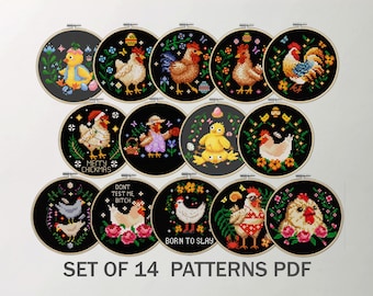 Chicken Bundle 14 PDF Cross Stitch Patterns, Snarky Cottagecore Style for Home