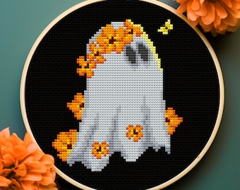 Flower ghost cross stitch pattern PDF Cute ghost embroidery pattern Witchy cross stitch pattern Creepy cute horror