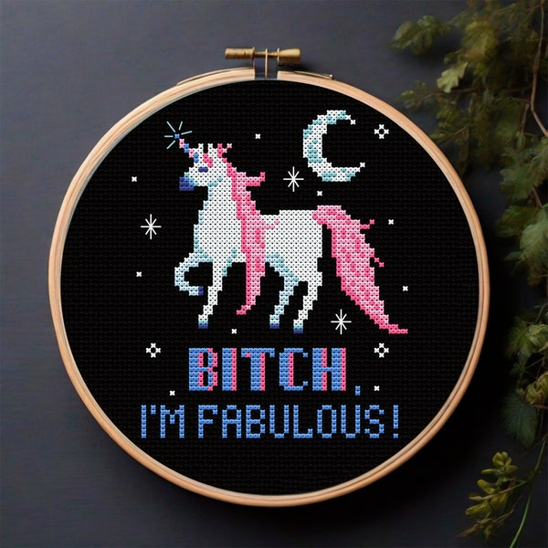 Fabulous unicorn Fantasy snarky cross stitch pattern PDF Magic unicorn cross stitch Sarcastic embroidery Witchy cross stitch