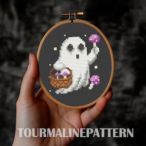 Mushroom Ghost Cross Stitch Pattern, Mini Halloween Embroidery with Purple Mushrooms, Dark Cottagecore Garden Stitch for Fall Decor