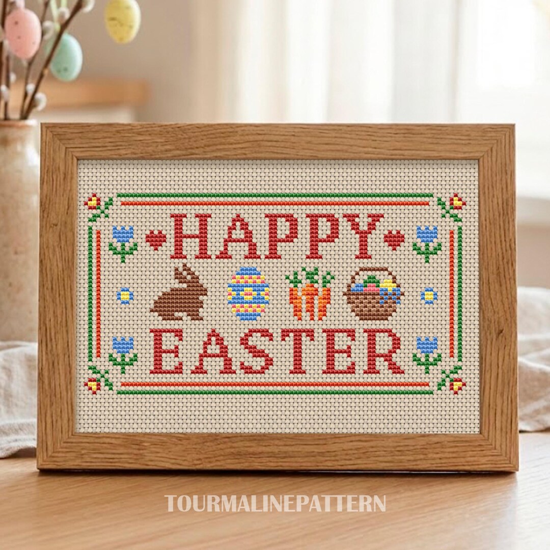 Happy Easter Cross Stitch Pattern: Primitive Spring Sign (PDF) - Etsy