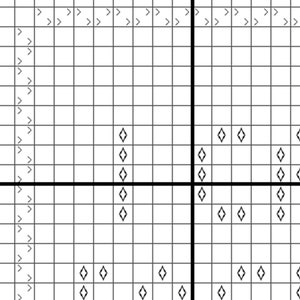 Puede incluir: Una cuadr&iacute;cula en blanco y negro con una l&iacute;nea horizontal y vertical en el centro. Hay peque&ntilde;as formas de diamante dispersas por toda la cuadr&iacute;cula.