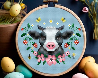 Easter spring cow Cross stitch pattern PDF Hello spring cross stitch Mini cross stitch Cottagecore Easter embroidery Farmhouse decor