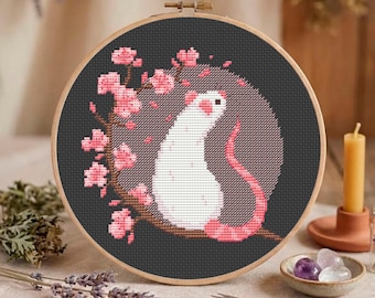 Sakura Rat Cross Stitch Pattern, Japanese Style Cherry Blossom Branch with Falling Petals, PDF Chart