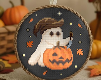 Vintage Halloween Cross Stitch Pattern PDF, Witchy Ghost with Jack-o-Lantern, Gothic Autumn Needlework