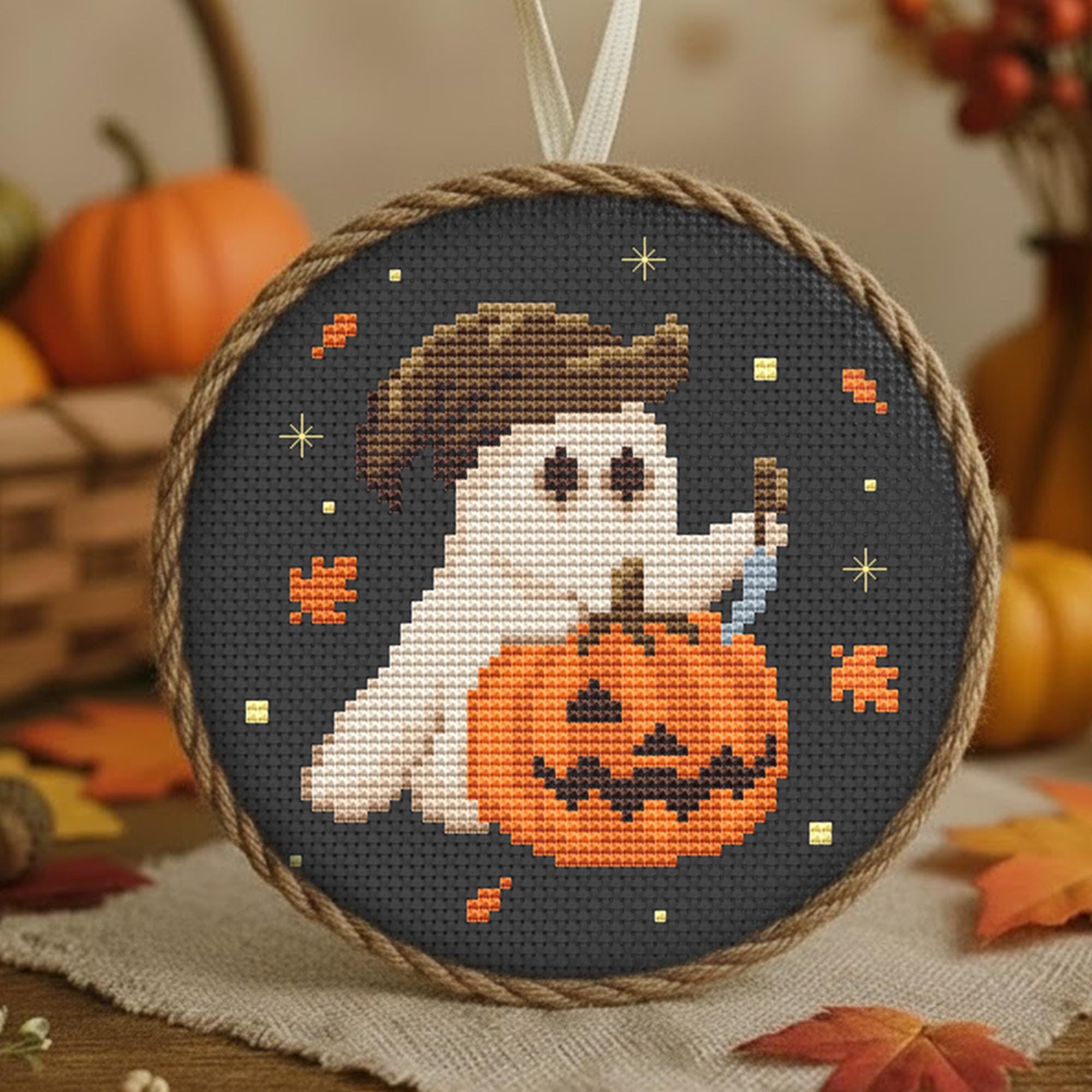 Vintage Halloween Cross Stitch Pattern PDF, Witchy Ghost With Jack
