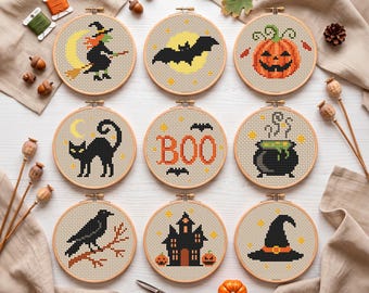 Halloween Cross Stitch Pattern Bundle, 9 Small Spooky Ornament Set PDF Chart, Vintage Decor