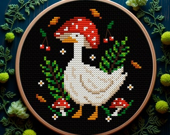 Funny silly goose in mushroom Cross stitch pattern PDF Woodland mushroom embroidery Cottagecore spring decor Summer cross stitch