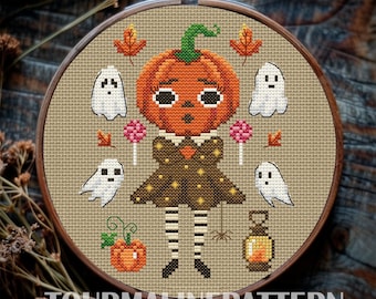 Vintage Halloween Cross Stitch Pattern PDF, Pumpkin Head Girl with Ghosts and Autumn Leaves