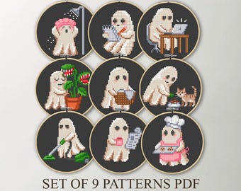 9 Kawaii Ghosts Doing Chores Cross Stitch PDF Bundle, Tiny Spooky Daily Life, Gothic Ornament