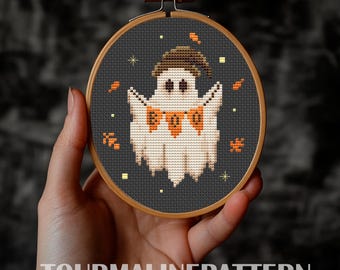 Vintage Halloween Cross Stitch Pattern PDF, Ghost with Boo Banner and Fall Confetti, Retro Autumn Needlework