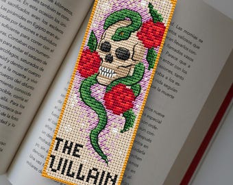 Bookmark Cross Stitch Pattern PDF – Skull Snake Roses, Goth Dark Romance