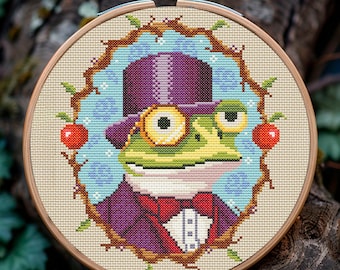 Viktorianischer Frosch PDF Kreuzstich Muster für Goblincore Fans, lustiges Waldtier Geschenk