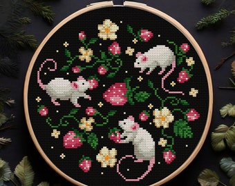 Garden Mice Cross Stitch Pattern PDF,  Cottagecore Embroidery for Strawberry Lovers, Summer Funny Cross Stitch Patterns, Rat Embroidery