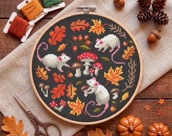 Fall Mice Cross Stitch Pattern, Cozy Mushroom Autumn Scene PDF Chart, Cottagecore Decor