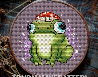 Magical Silly Frog Cross Stitch Pattern PDF, Funny Cross Stitch, Mushroom Embroidery, Witchy Cross Stitch, Dark Forest Embroidery, Toad