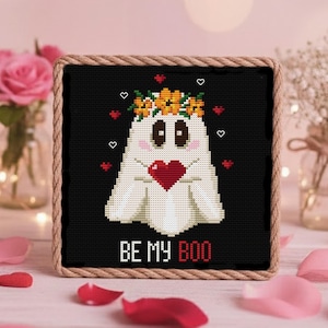 Ghost Cross Stitch Pattern PDF, Be My Boo Valentine Ghost with Flower Crown, Gothic Love Embroidery