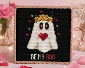 Ghost Cross Stitch Pattern PDF, Be My Boo Valentine Ghost with Flower Crown, Gothic Love Embroidery