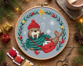 Christmas Walrus Cross Stitch Pattern PDF, Mail Carrier with Letters in Holly Wreath, Arctic Hoop Art