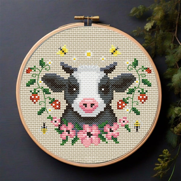 Strawberry cow head Cottagecore cross stitch pattern Farmhouse decor Cow face and Floral mini cross stitch PDF Hello summer embroidery