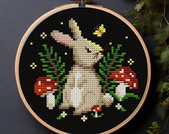 Cottagecore bunny cross stitch pattern PDF Funny rabbit cross stitch Spring mushroom embroidery Hello summer Woodland embroidery