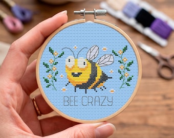 Funny Bee Cross Stitch Pattern, Bee Crazy Quote, Summer Embroidery (PDF Download)