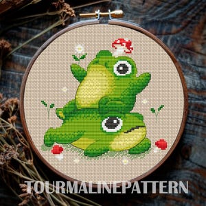 Funny Toad Cross Stitch Pattern PDF, Goblincore Frog and Mushroom Embroidery, Forest Animal Needlework